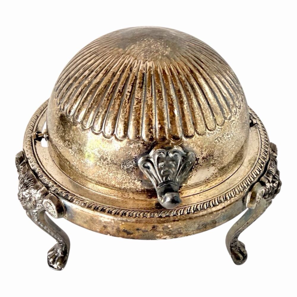 Vintage Silver Plate Roll Top Caviar Butter Dish Server Lion Head Paw Feet